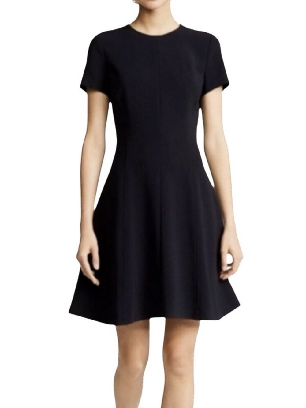 Theory Black Short-Sleeve Fit-and-Flare Mini Dress - modern seamed crepe